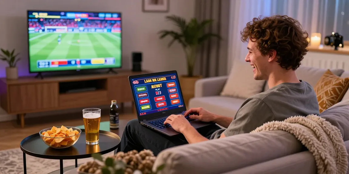 Engaging evening with non UK licensed casinos, featuring a person enjoying online gambling on a laptop in a stylish living room.