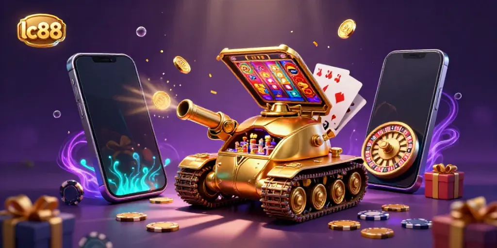 Play exciting games at lc88 with a dynamic casino scene featuring a golden beetle tank and vibrant mobile gaming elements.