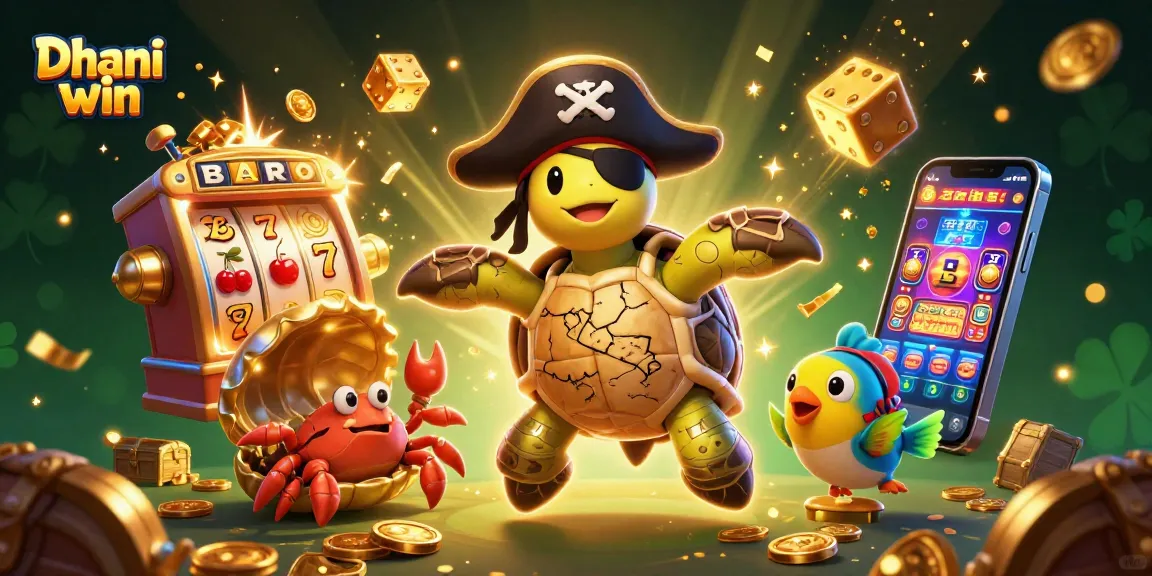 Dhani win games illustrated with a pirate turtle, treasure, and vibrant casino elements.