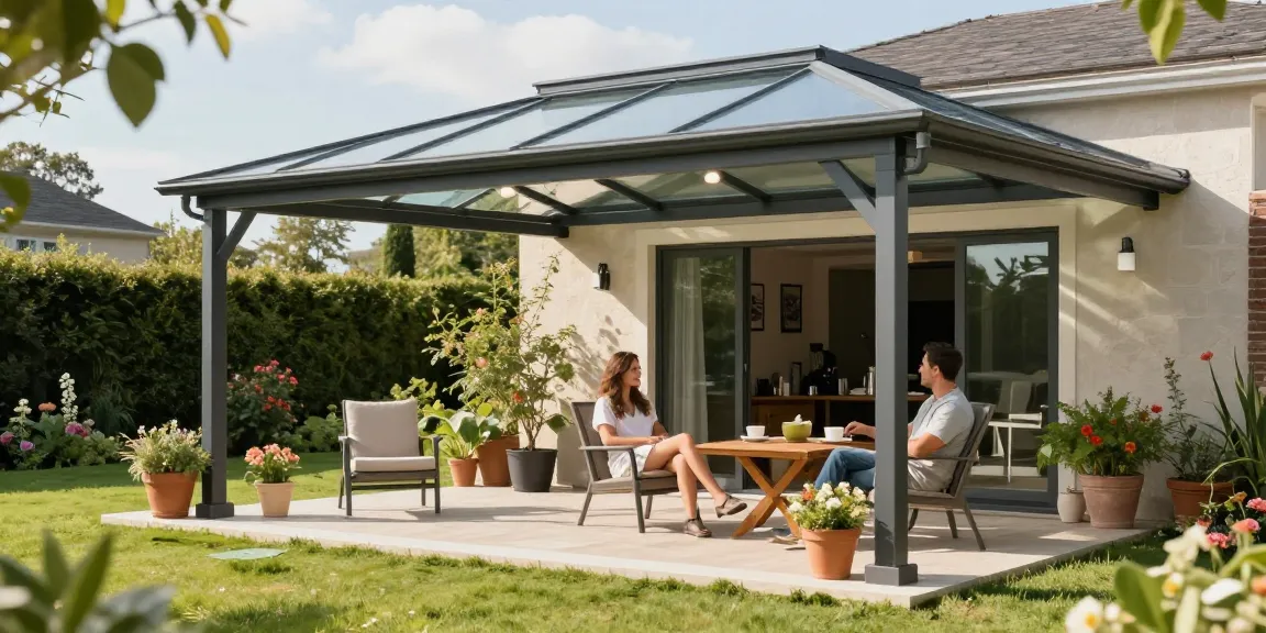 Freistehende Terrassenüberdachung in einem schönen Garten mit einem Paar, das den sonnigen Nachmittag genießt.