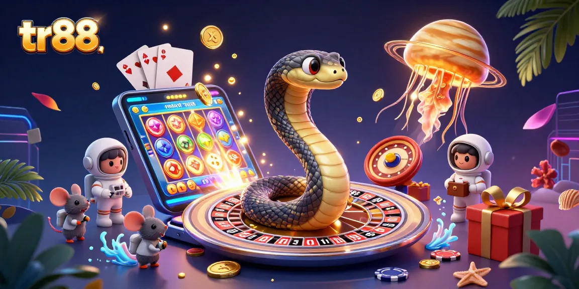Engage in thrilling tr88 betting action with cartoon characters at a cosmic casino scene.