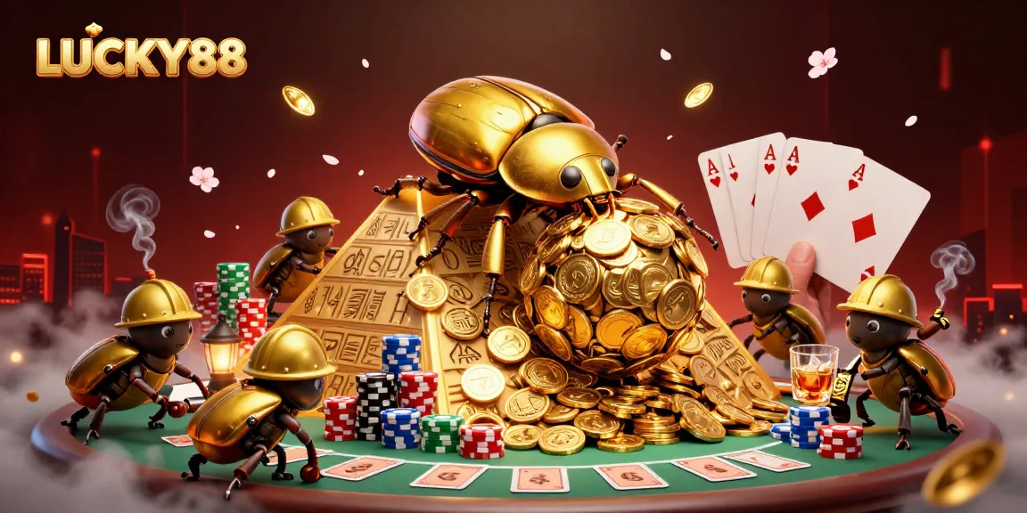 LUCKY88's engaging casino adventure with gold coins and dynamic poker elements in an illustration.
