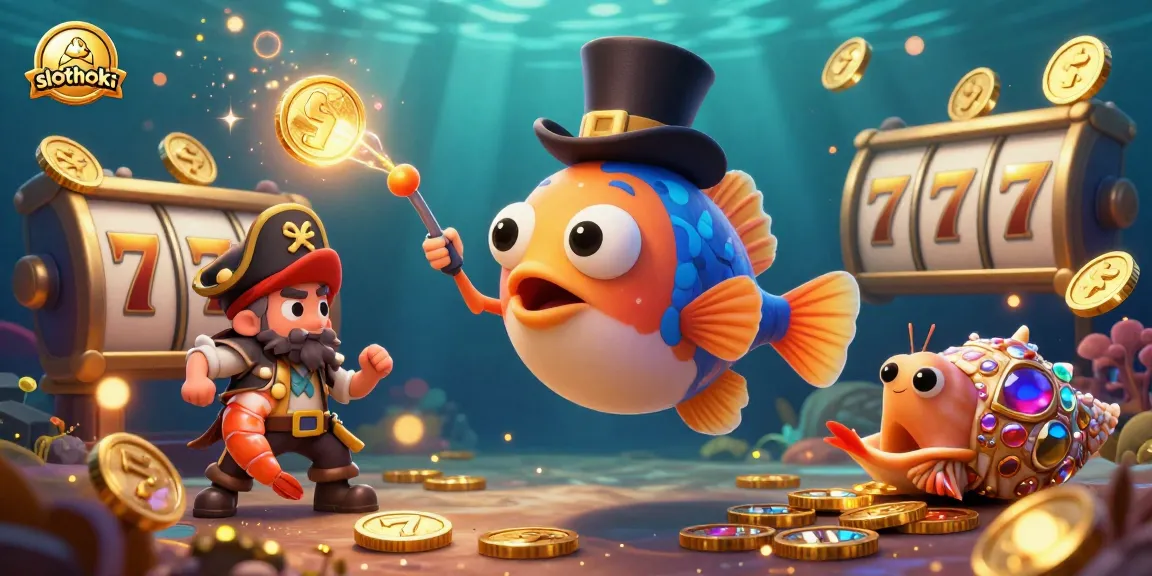 Permainan slot di slothoki menarik perhatian dengan ikan pemancing bercahaya dan simbol keberuntungan.