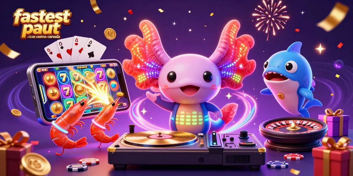 Experience excitement at the fastest payout online casino Canada with vibrant casino elements and engaging characters.