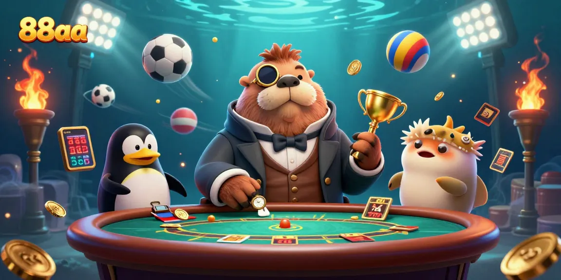 Betting on exciting games at 88aa with a jolly walrus and friends at an underwater poker table.