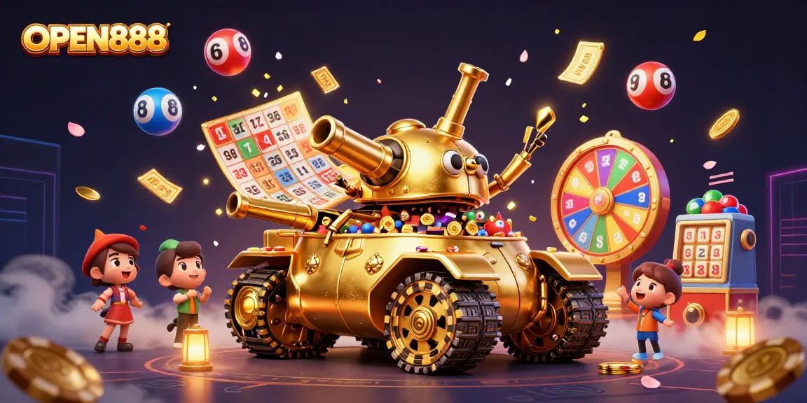 Experience the excitement of OPEN888 with colorful lottery balls and a vibrant casino tank in action.