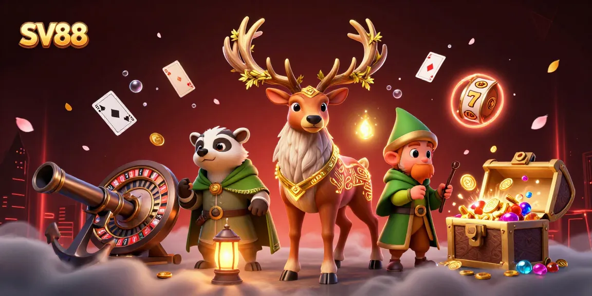 SV88 players enjoy vibrant 3D casino scene with floating playing cards and lucky slot reels.