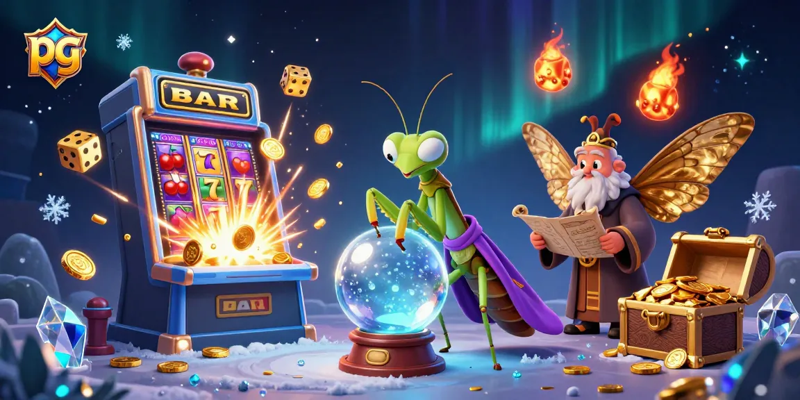 Engage in thrilling pg slot adventures with a dynamic illustration of fortune teller, moth librarian, and captivating 3D elements.