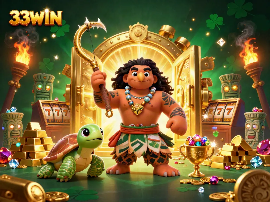 33WIN's vibrant casino scene features a demigod hawk and buddy engaging with treasure, illustrating thrilling gambling.