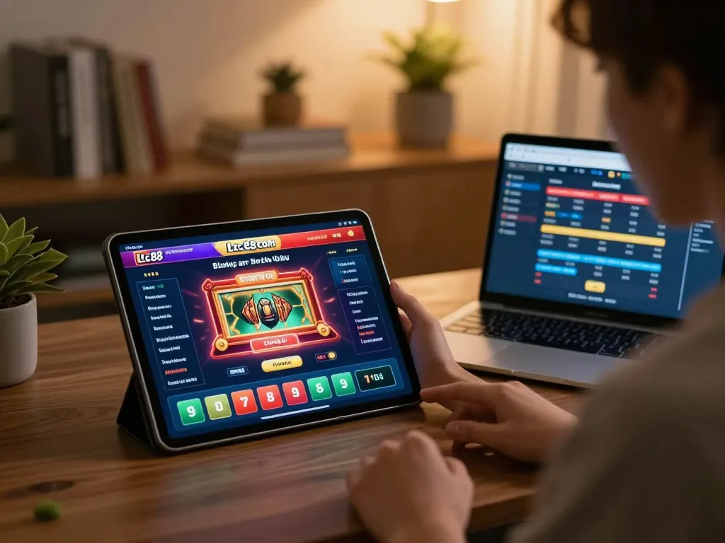 Engaged player exploring lc88 com casino app on tablet in cozy home setting.