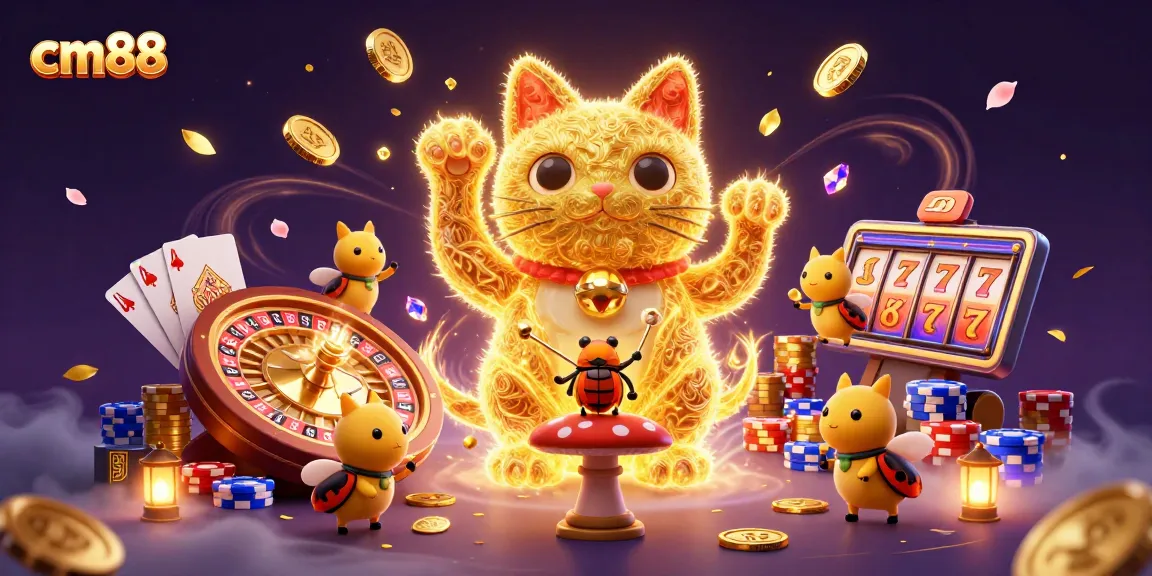 Engage with cm88's exciting gaming experience featuring a giant lucky cat, dazzling symbols, and vibrant casino elements.