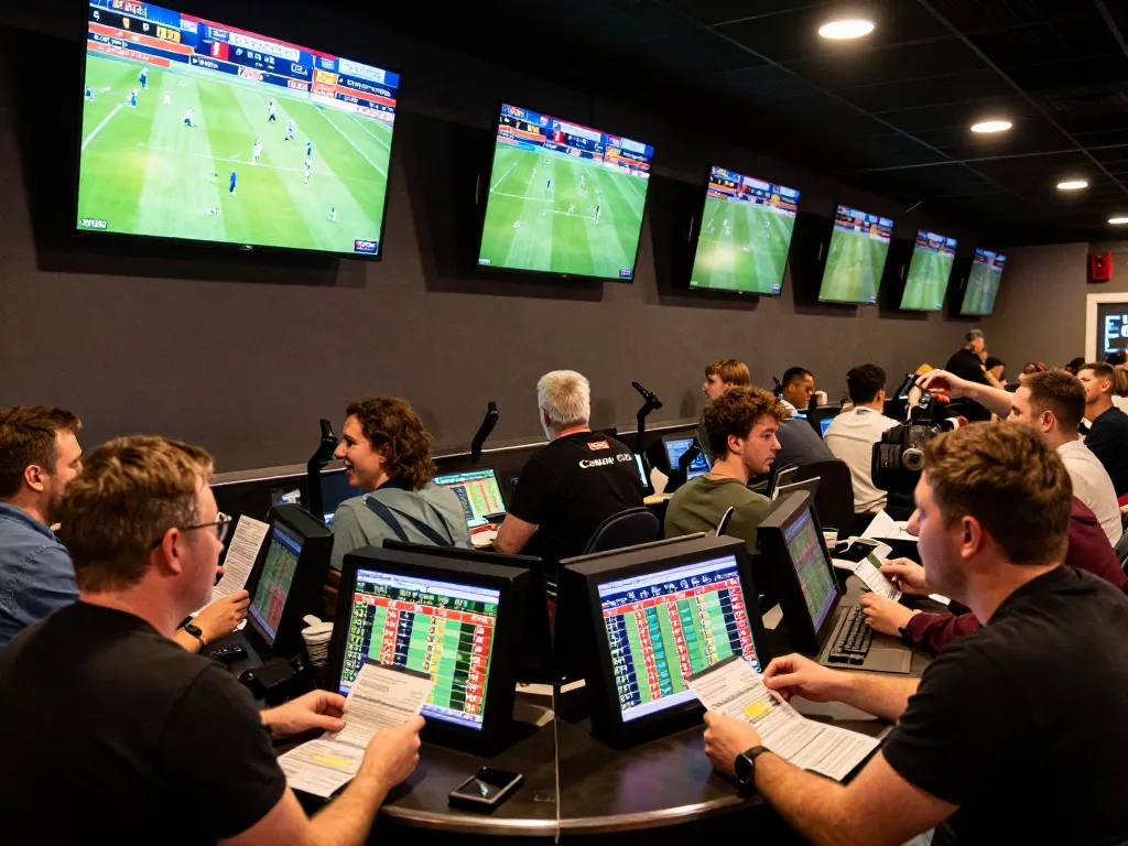 Kèo nhà cái displayed prominently on interactive betting screens at a bustling sports venue