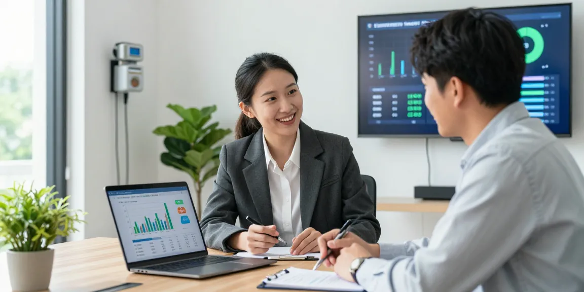 Business professional explaining half hourly meter benefits to a client in an engaging consultation setting.