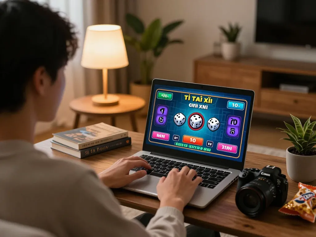 Playing tài xỉu online from the comfort of home with a laptop and dice results on screen