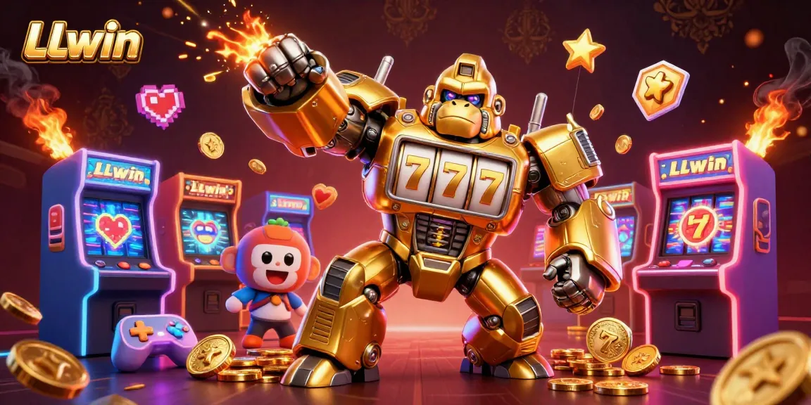 LLwin ignites excitement with its dynamic 3D slots scene showcasing a flaming golden mech and colorful arcade elements.