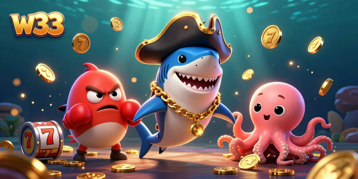 Experience thrilling slot action at w33 with cartoon characters celebrating wins and playing exciting games!