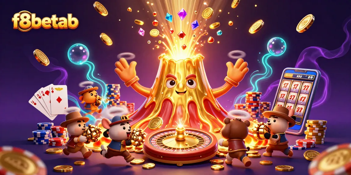 Experience thrilling wins at f8betab as a golden volcano erupts coins and treasures, showcasing an exciting casino scene.