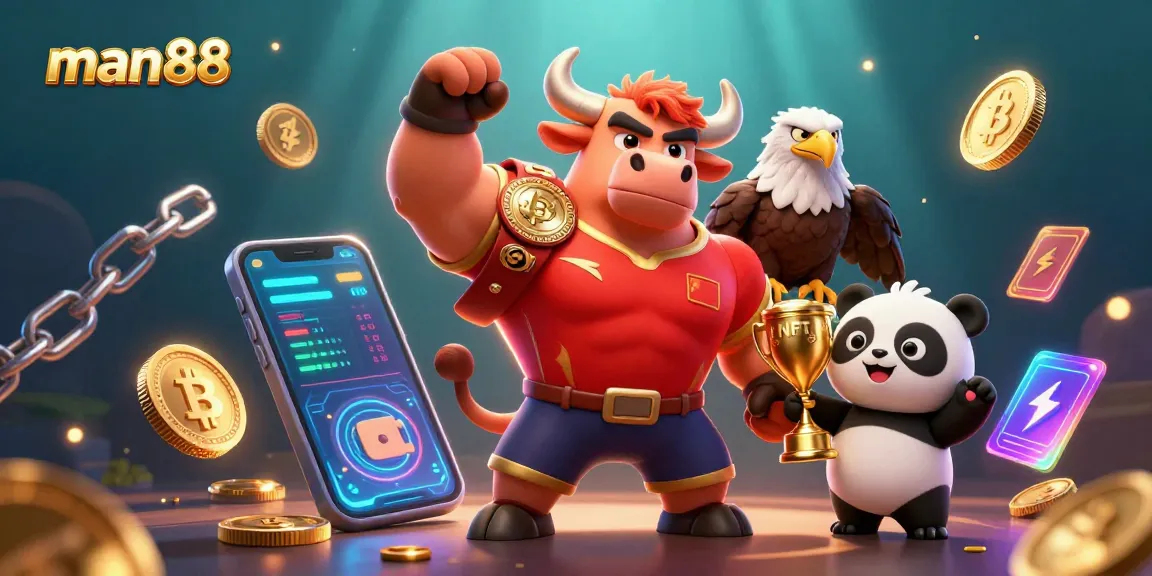 Join the winning action at man88 with vibrant gaming characters and cryptocurrencies.