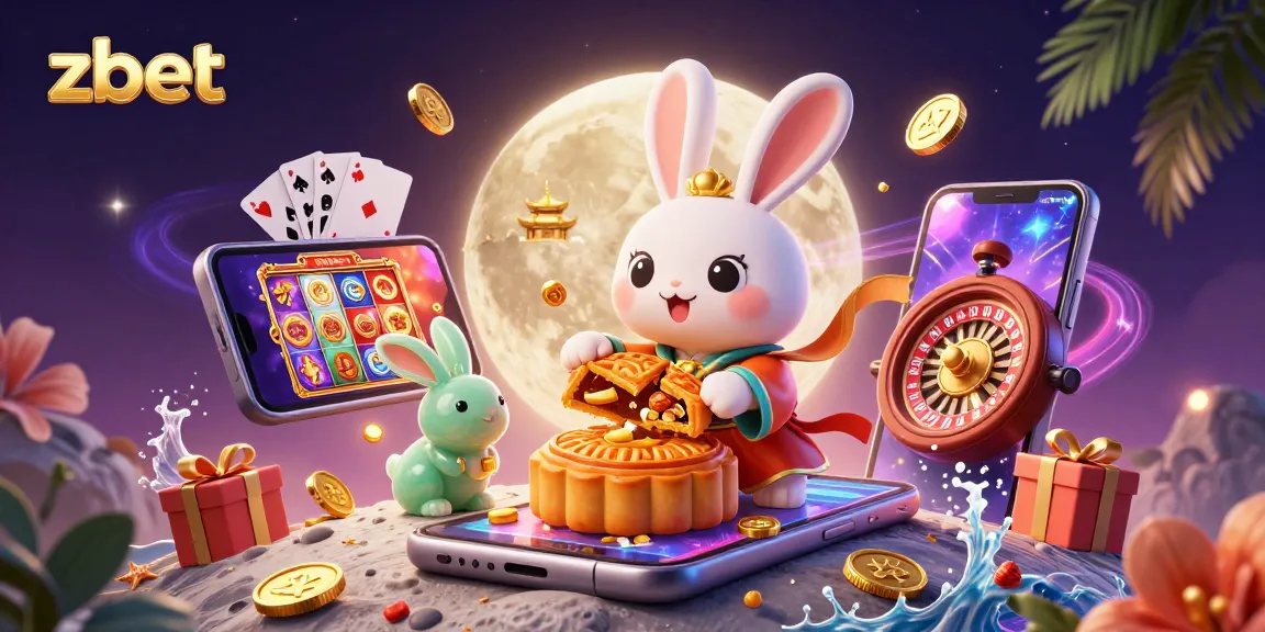 Experience zbet's exciting gaming with a moon rabbit and poker-themed lunar scene.
