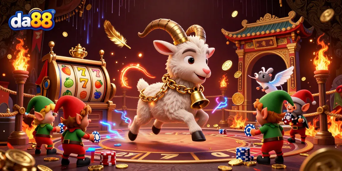 da88's festive 3D illustration features Krampus running a holiday-horror casino amidst elf gremlins and slot reels.
