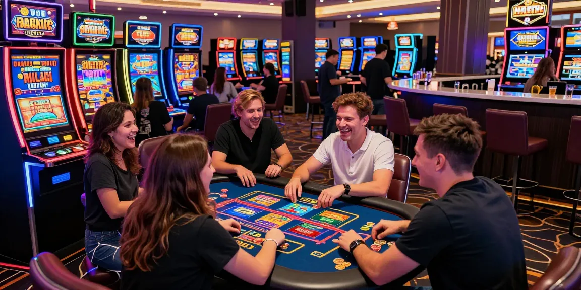 LC88 casino gaming scene with diverse players enjoying Nổ hũ slots, lively atmosphere.