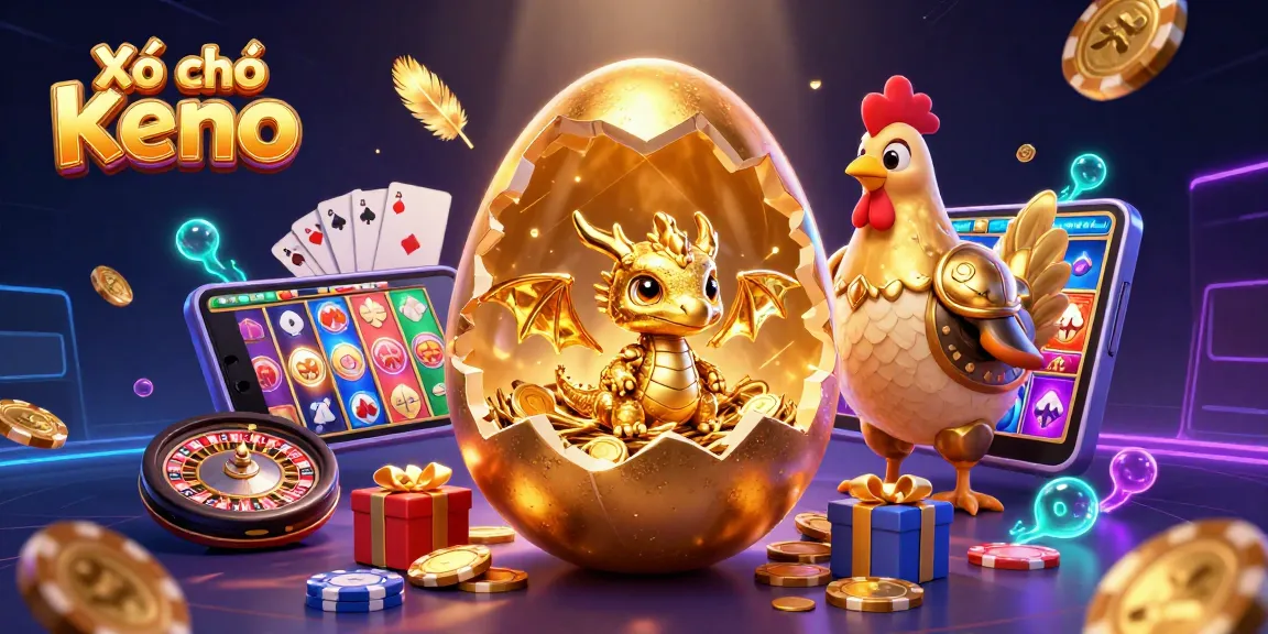 Xổ số Keno showcases a vibrant 3D illustration with a golden dragon and casino elements, highlighting exciting gameplay.