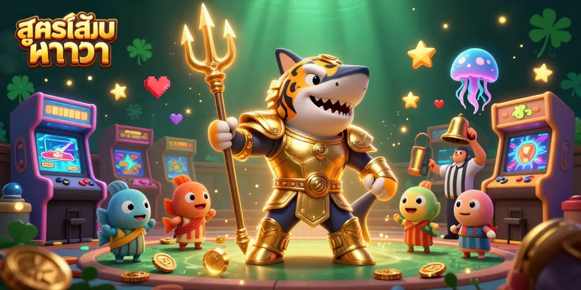 Engage with สูตรเล่นบาคาร่า through a vibrant 3D illustration of gamers interacting with a thrilling underwater scene featuring a gladiator shark and arcade elements.