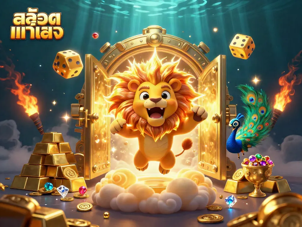 Experience the thrill of สล็อตแท้ตรง with a captivating scene of a roaring sun lion, golden dice, and treasures.