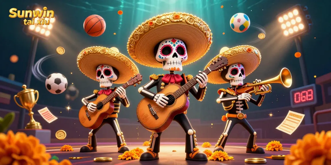 Bet on exciting matches with Sunwin tài xỉu featuring skeleton mariachi band and dynamic game elements.