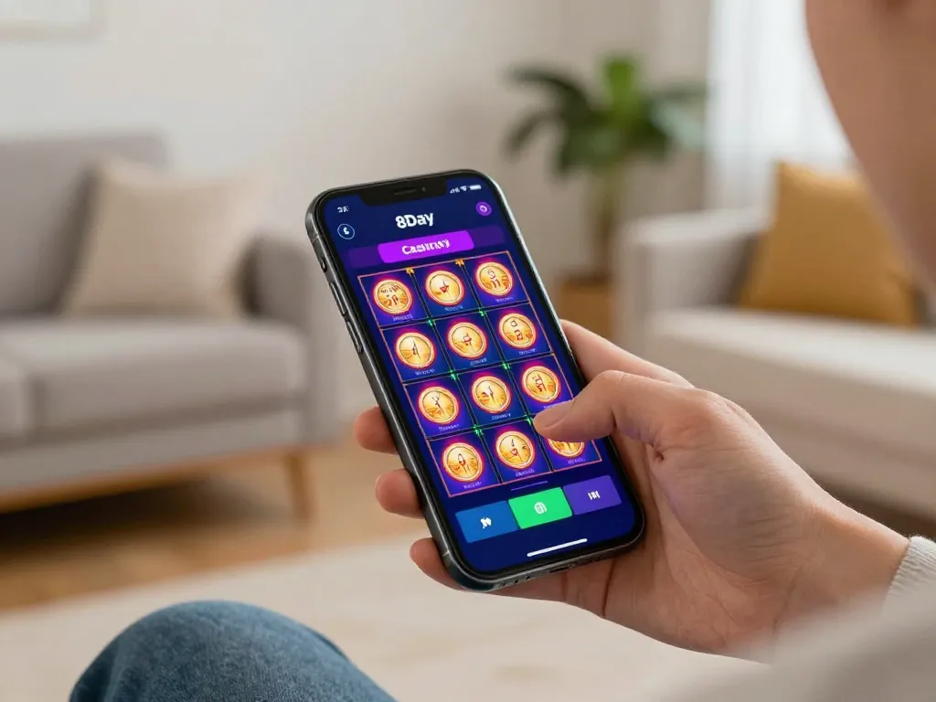 Experience excitement with the 8Day app showcasing engaging slot games in a cozy home setting.