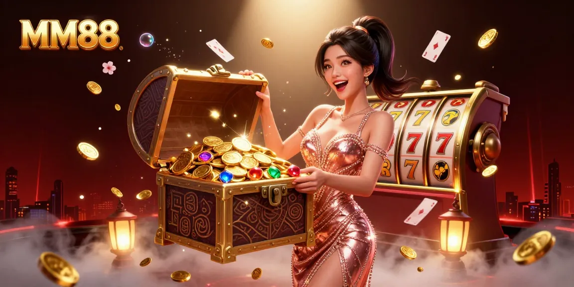 Experience excitement with MM88 at a vibrant casino scene showcasing overflowing treasure chests, slot reels, and dynamic game elements.