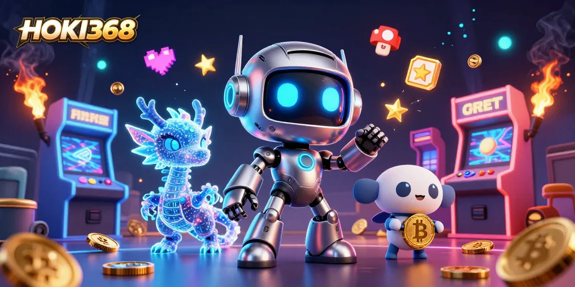 Engage with HOKI368 through an exciting 3D scene illustrating casino gaming elements and vibrant characters.