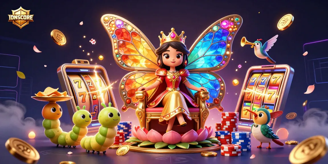 IDNSCORE showcases a colorful 3D immersive casino scene with slot reels and dynamic game elements.