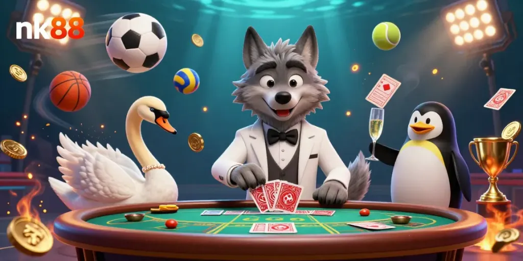 Experience the thrill of betting at nk88 with an elegant wolf, swan, and penguin at a vibrant casino scene.