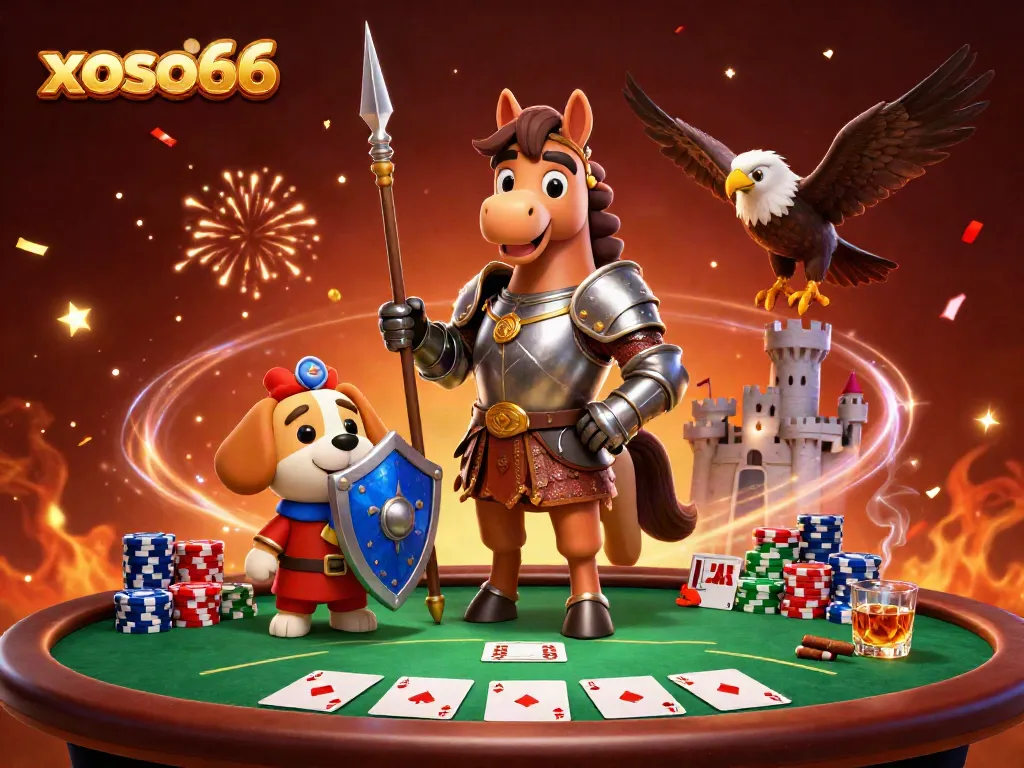 Play and win with xoso66, showcasing a knight and squire amidst vibrant casino elements and a gambling atmosphere.