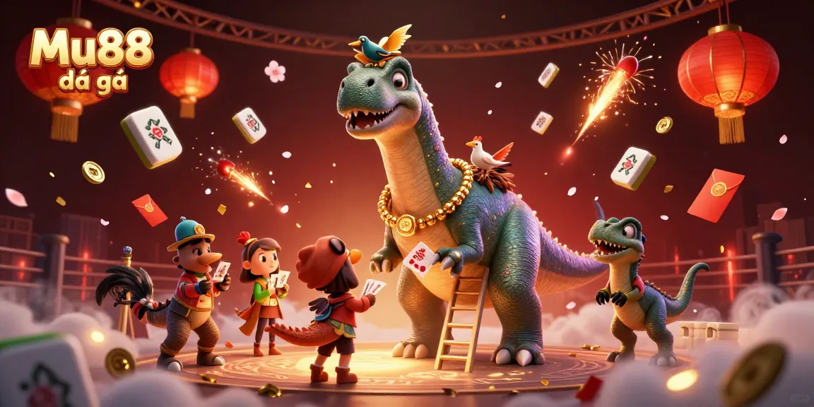 Engage in Mu88 đá gà with a lively cockfighting scene featuring vibrant characters and festive elements.