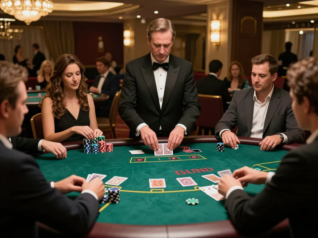 Vin88 blackjack table with players engaging in thrilling gameplay, dealer dealing cards, sophisticated casino atmosphere.
