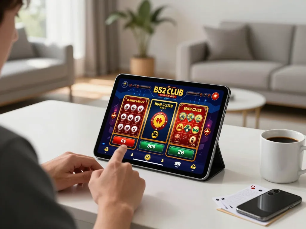 B52 Club player engaging with casino app on tablet in a stylish home gaming setup.