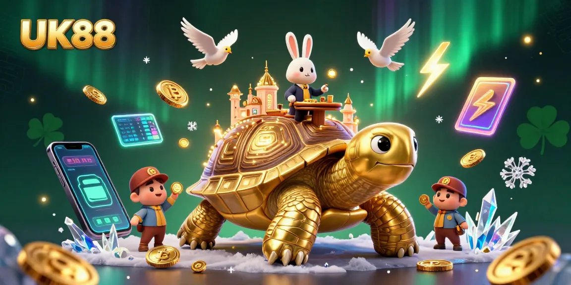 Experience thrilling gameplay with UK88, featuring a golden tortoise casino and rabbit dealer action.