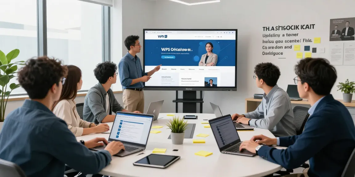 Dynamic collaboration around the WPS Official Website interface in a modern office setting.
