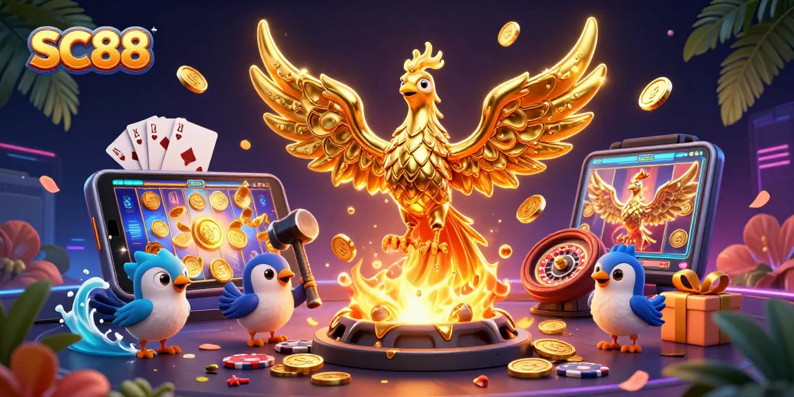 Experience thrilling jackpots at SC88 with vibrant slot games and a stunning phoenix illustration.