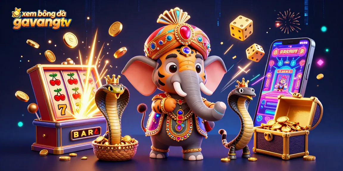 xem bóng đá gavangtv showcases vibrant casino elements and characters in action-packed 3D illustration.