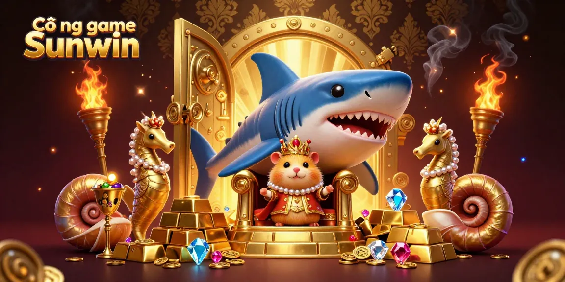 Cổng game Sunwin showcasing a vibrant 3D illustration of a hamster king with royal guards amidst treasures, enhancing online gaming experiences.