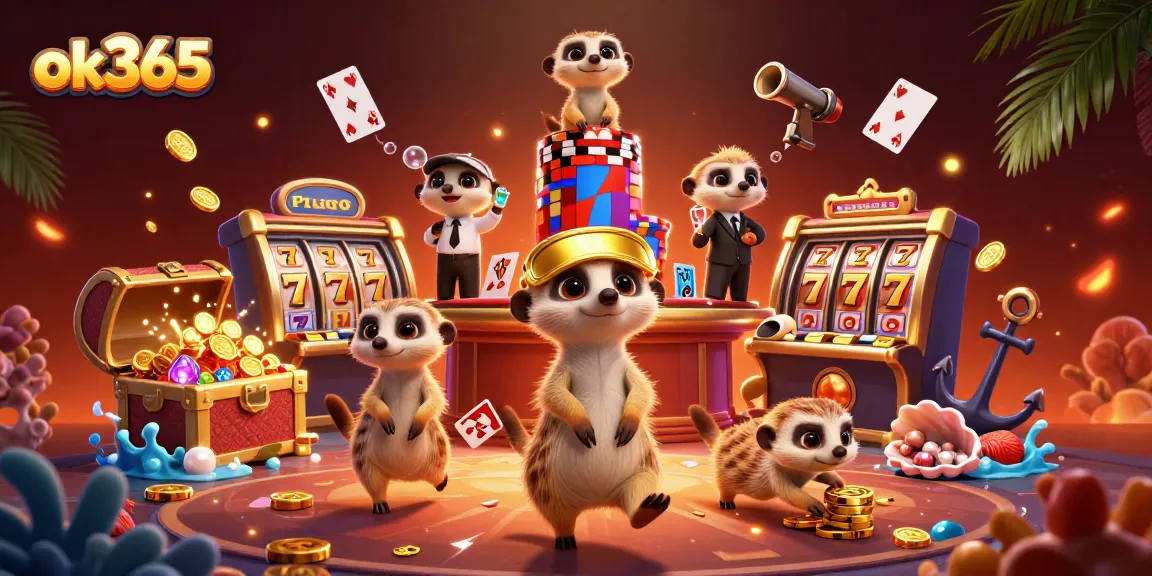 Join the action at ok365 as meerkats play slots and manage a vibrant casino scene filled with treasures.