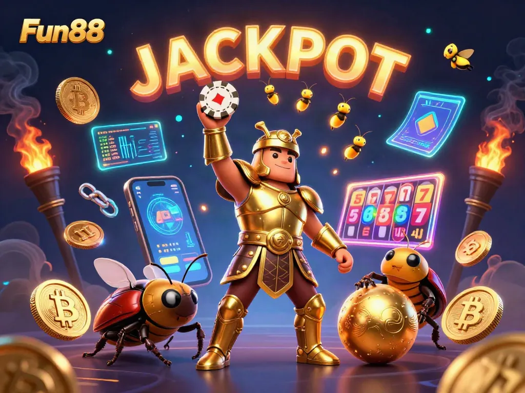 Join Fun88 in an exciting victory scene with a beetle hero lifting a poker chip amidst dynamic casino elements.