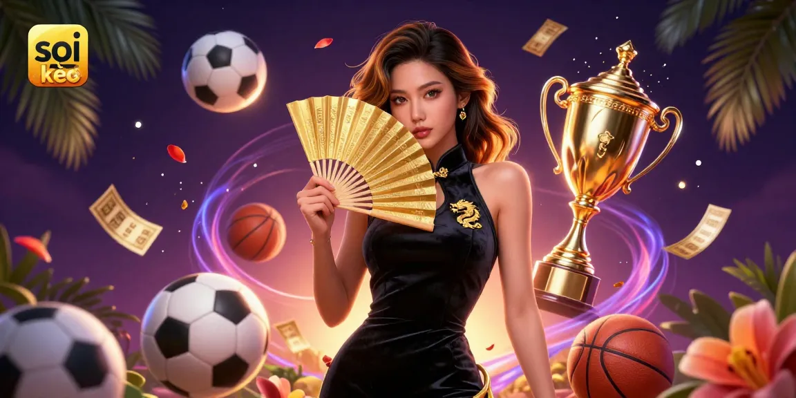 Soi kèo sports betting scene with an elegant Asian woman surrounded by dynamic betting elements.
