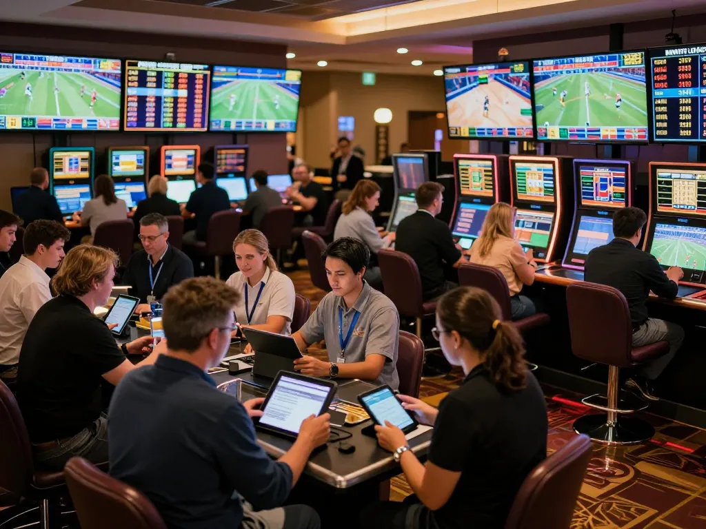 Engaged bettors placing bets through the keonhacaihomnay platform while enjoying live sports betting atmosphere