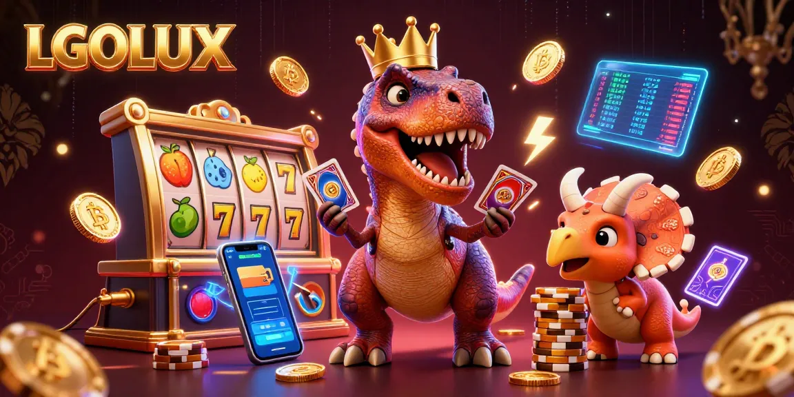 Experience gaming excitement at LGOLUX with T-Rex shuffling cards and vibrant slot reels!