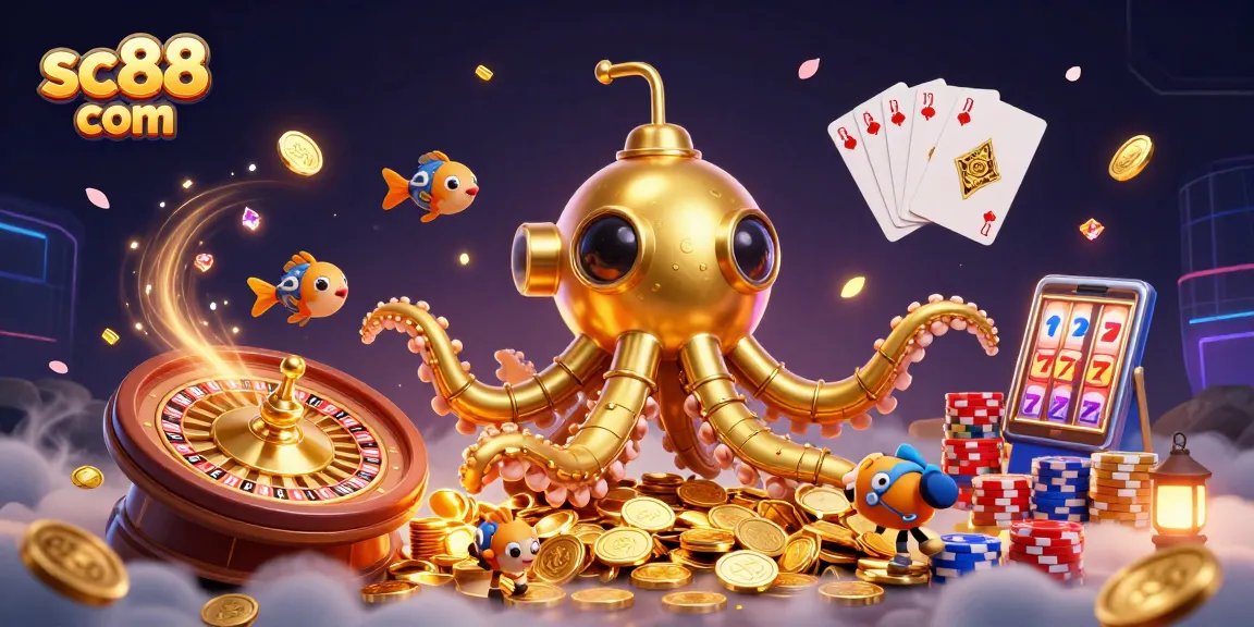 Engage in winnings at sc88 com with vibrant 3D casino-themed illustration featuring the golden kraken and casino elements.