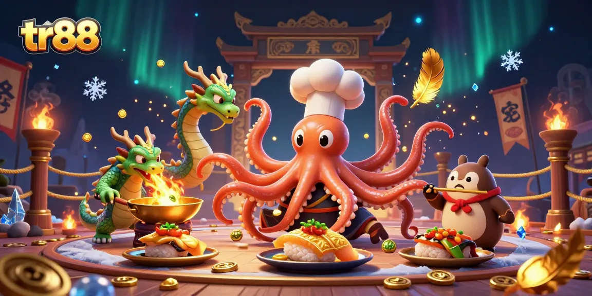 Engage with tr88 as a vibrant sushi chef octopus prepares golden dishes in an exciting casino scene.